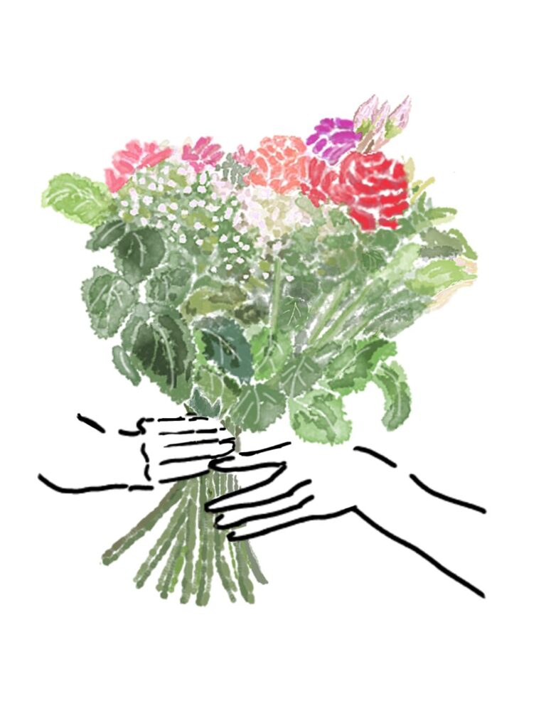 元気を取り戻した笑顔を思わせる、明るく彩られた花束のイラスト
