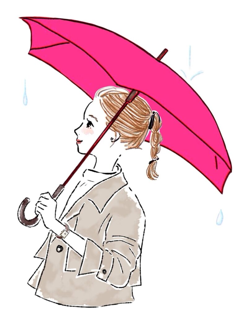 ピンク色の傘でお出かけ、背筋をピンと伸ばして歩く女性画像