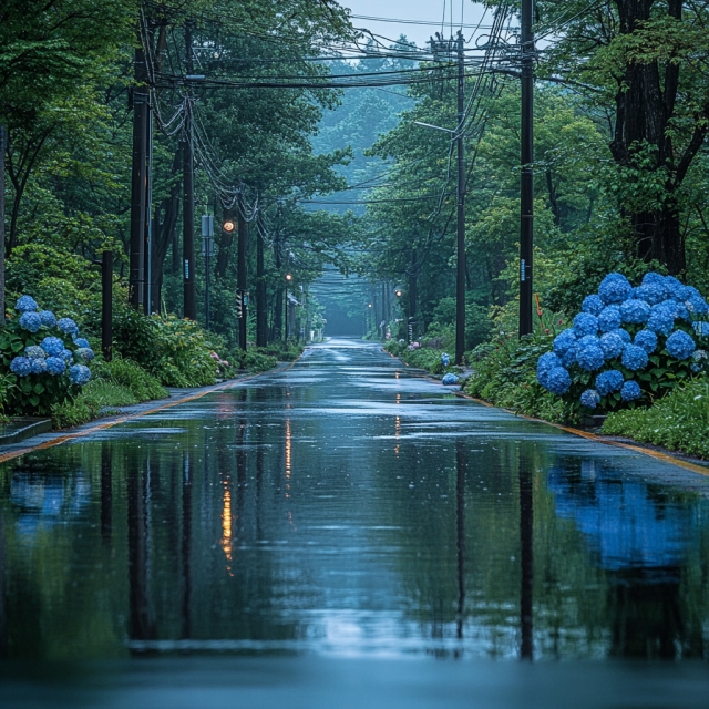 雨降りの紫陽花の道。