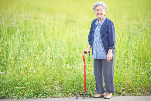 杖をついて歩く高齢の女性。外出中の様子。