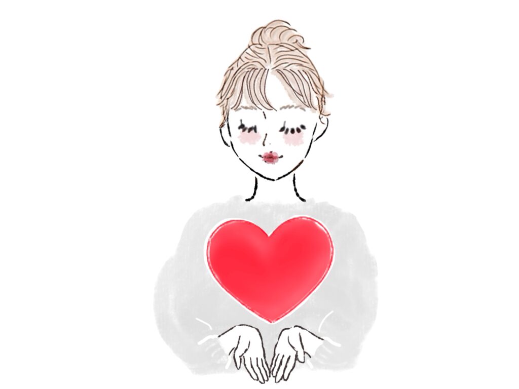 赤いハートを包み込む、若い女性のイラスト