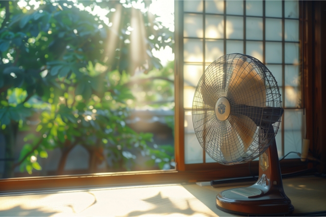 夏の日差しがまぶしい縁側に置かれたレトロな扇風機