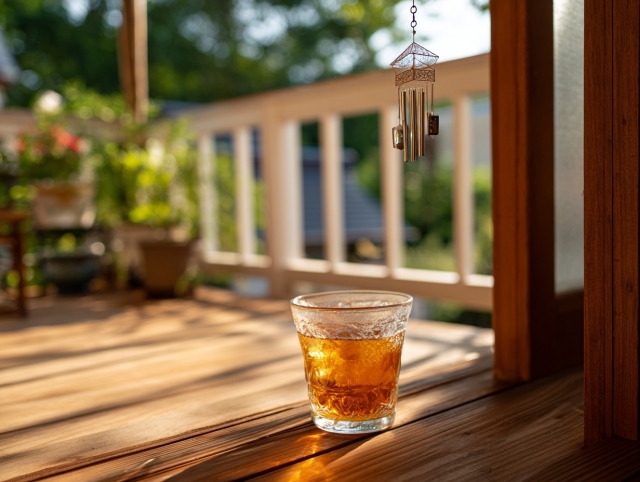 麦茶をゴクゴク飲んで縁側でひと休み