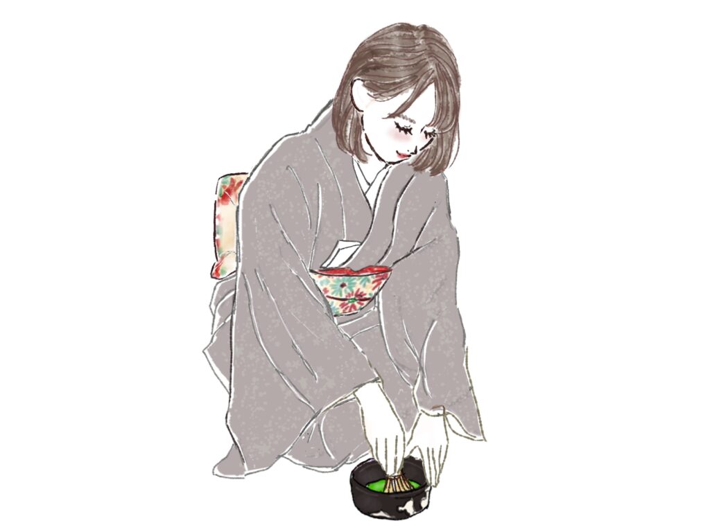 着物を着てお茶をたてている女性のイラスト