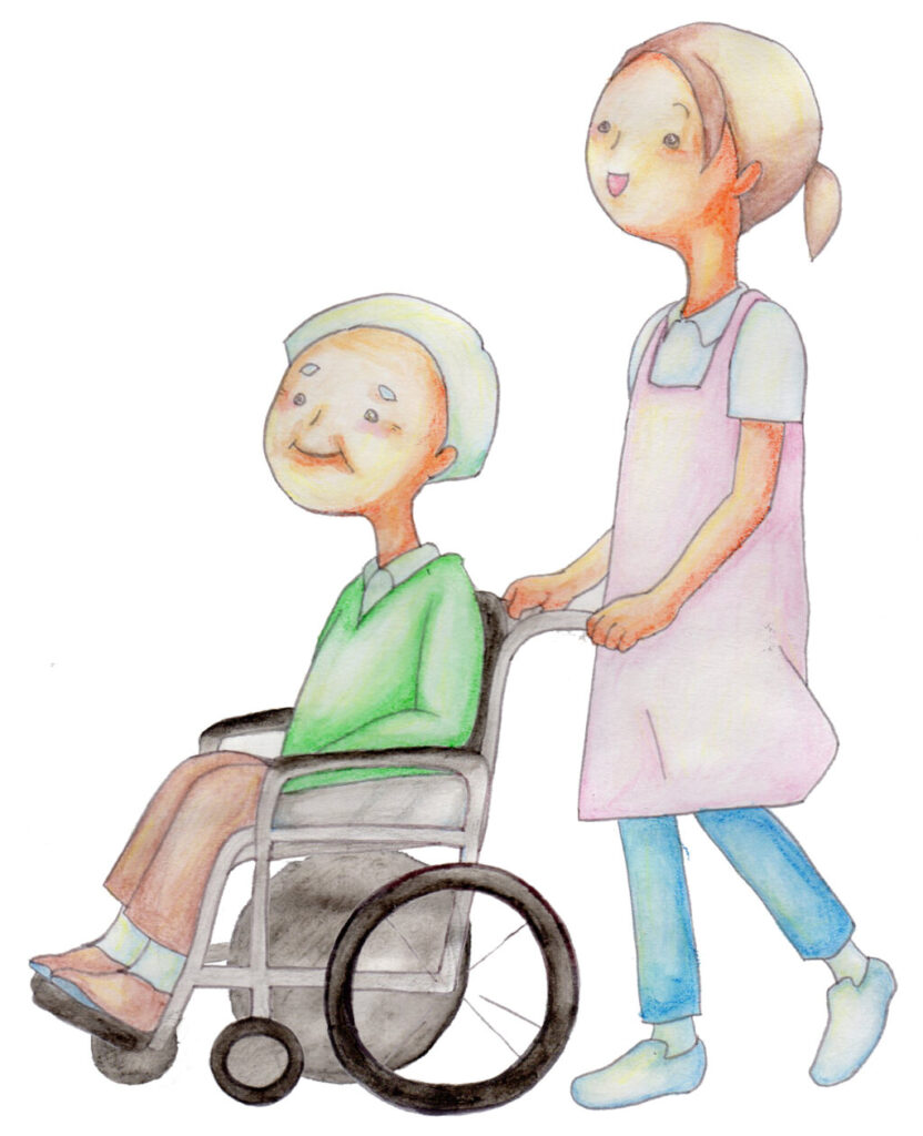 車椅子を押す女性ヘルパーと笑顔のおじいちゃんのイラスト