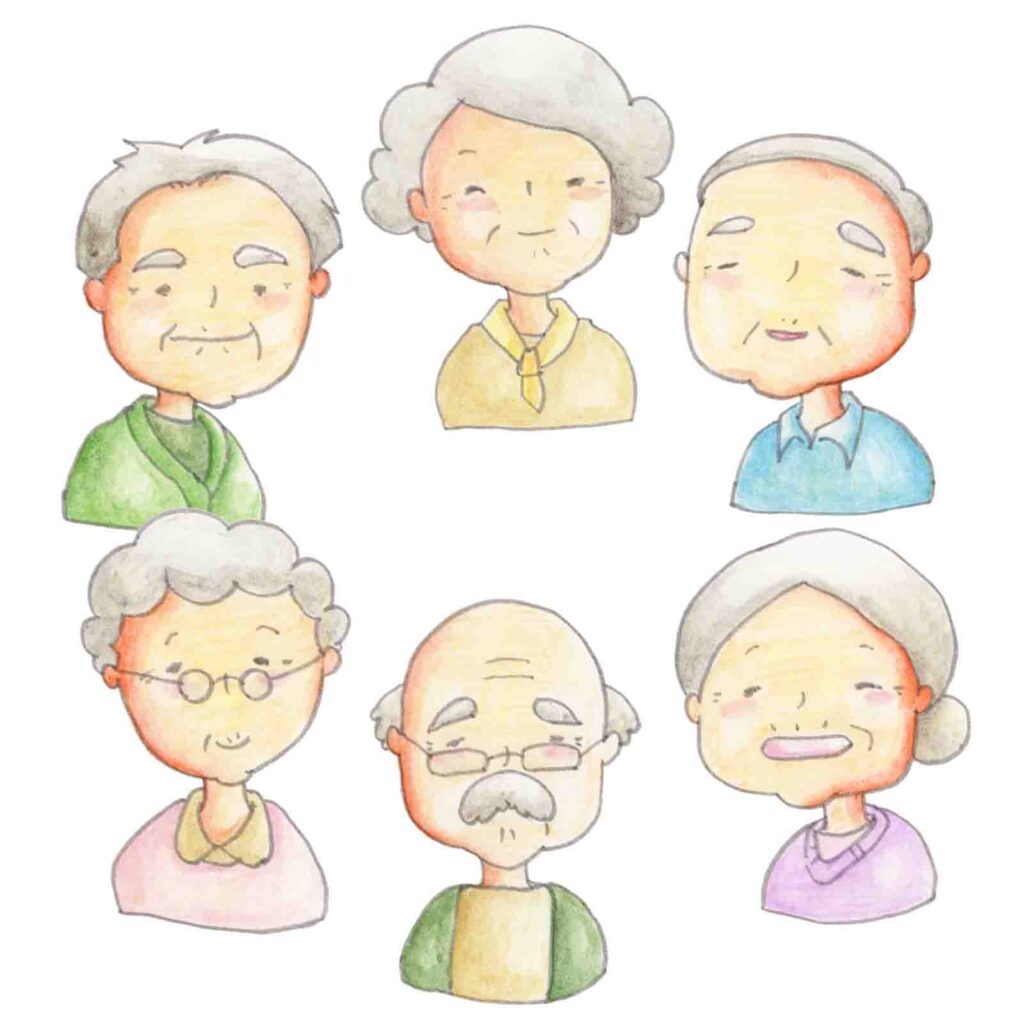 個性豊かな高齢者の方々のたくさんの笑顔のイラスト