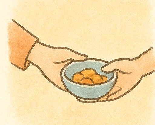 母娘二人暮らしの台所でおかずを分け合う温かい暮らしのイラスト