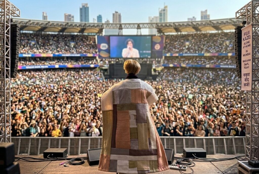 藤井風さんのムンバイ衣装をイメージして作ったマントを着たミニチュア人形と野外ライブ風景