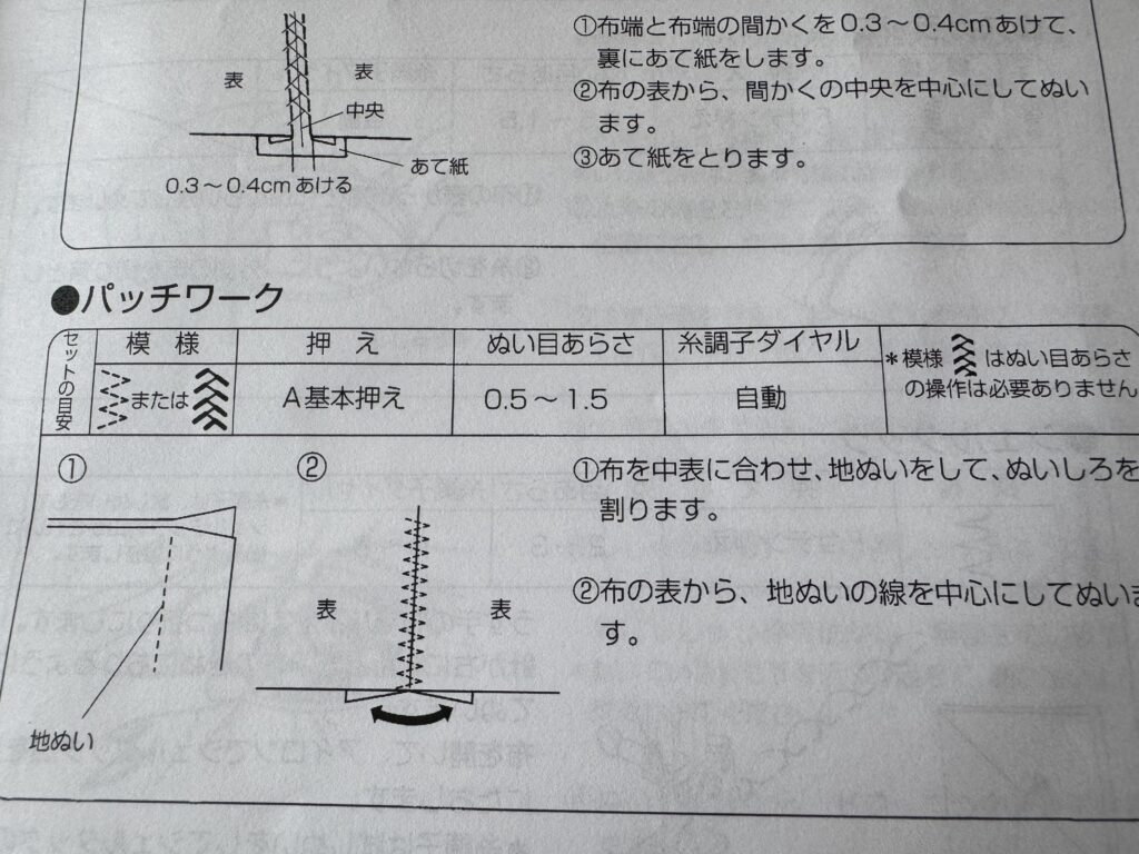 ミシンの取扱説明書に載っているパッチワークの模様